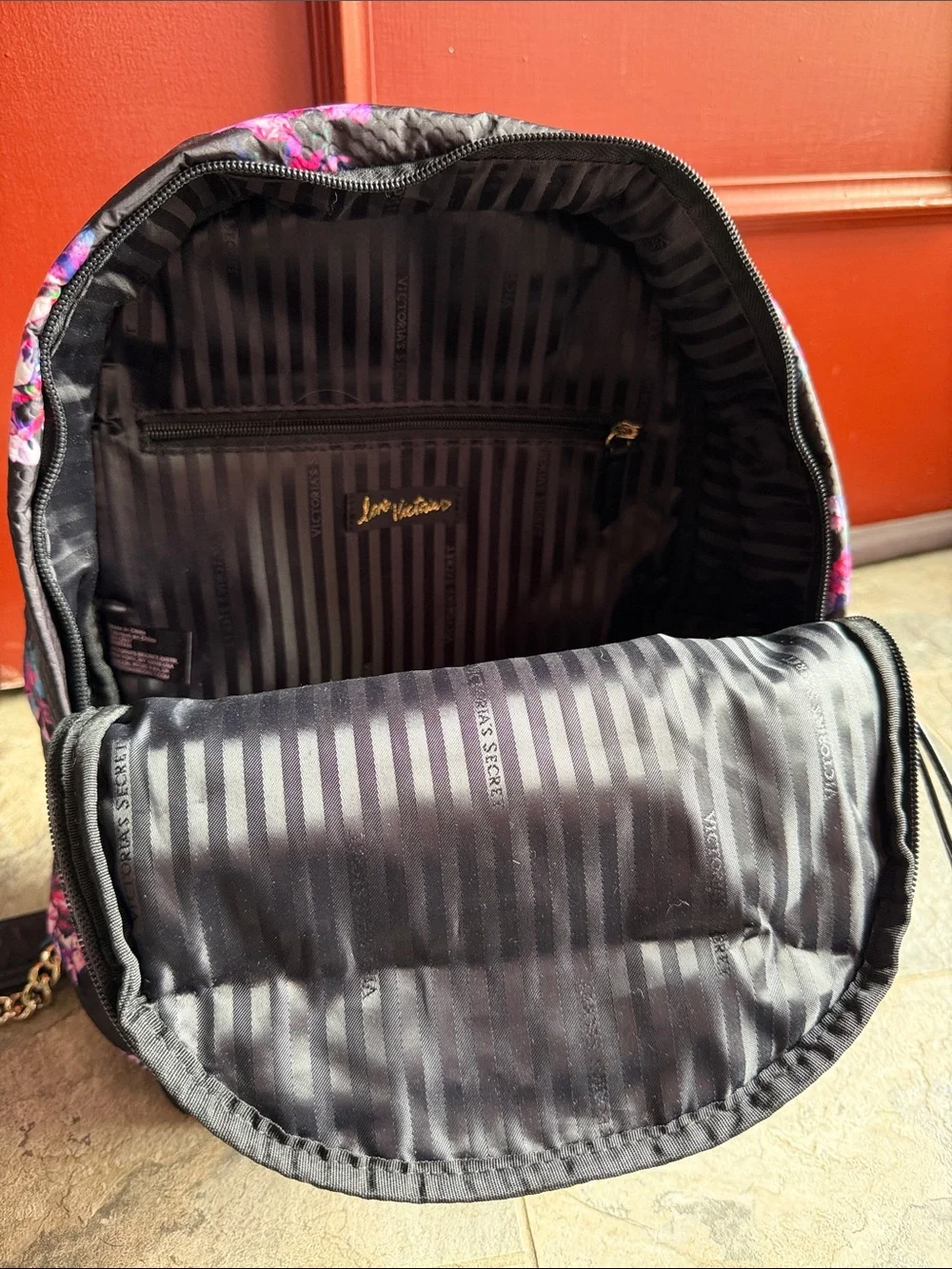 Victoria's Secret Black Floral Backpack with Gold Chain Accent